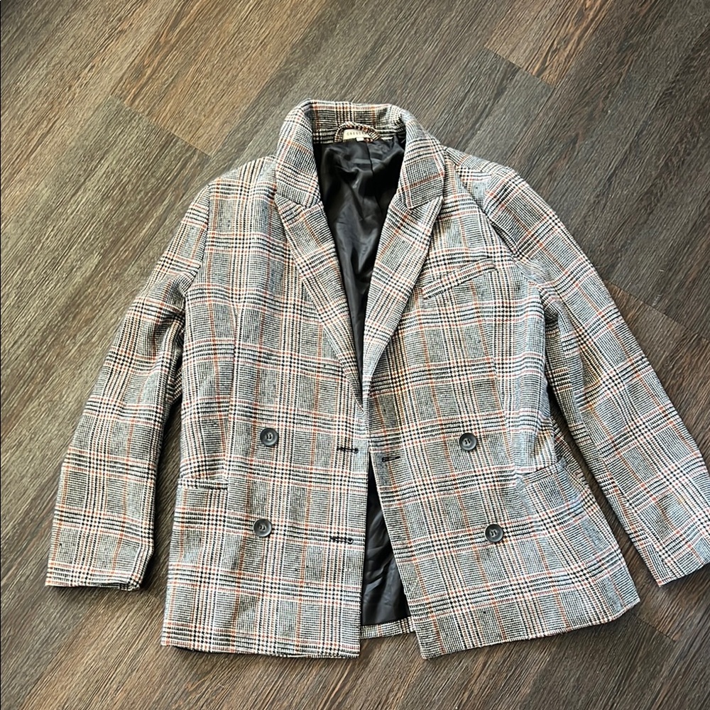 Black/cream/brown Plaid Double-Breasted Blazer